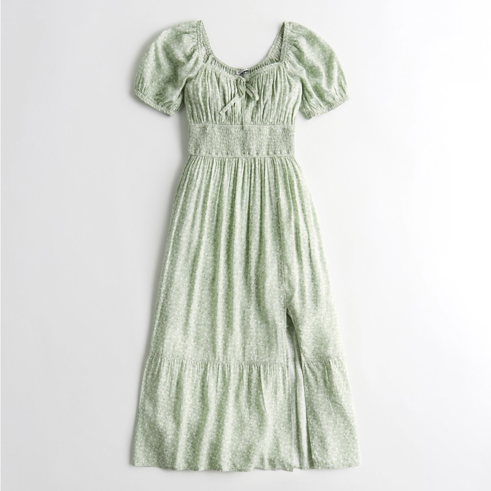 Hollister Green Ruched Tiered Midi Sundress